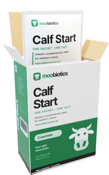 A Calf Start carton holding individually sealed sachets
