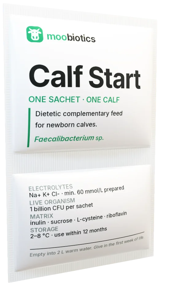 The Calf Start sachet, with separate compartments for freeze-dried bacteria and electrolyte powder
